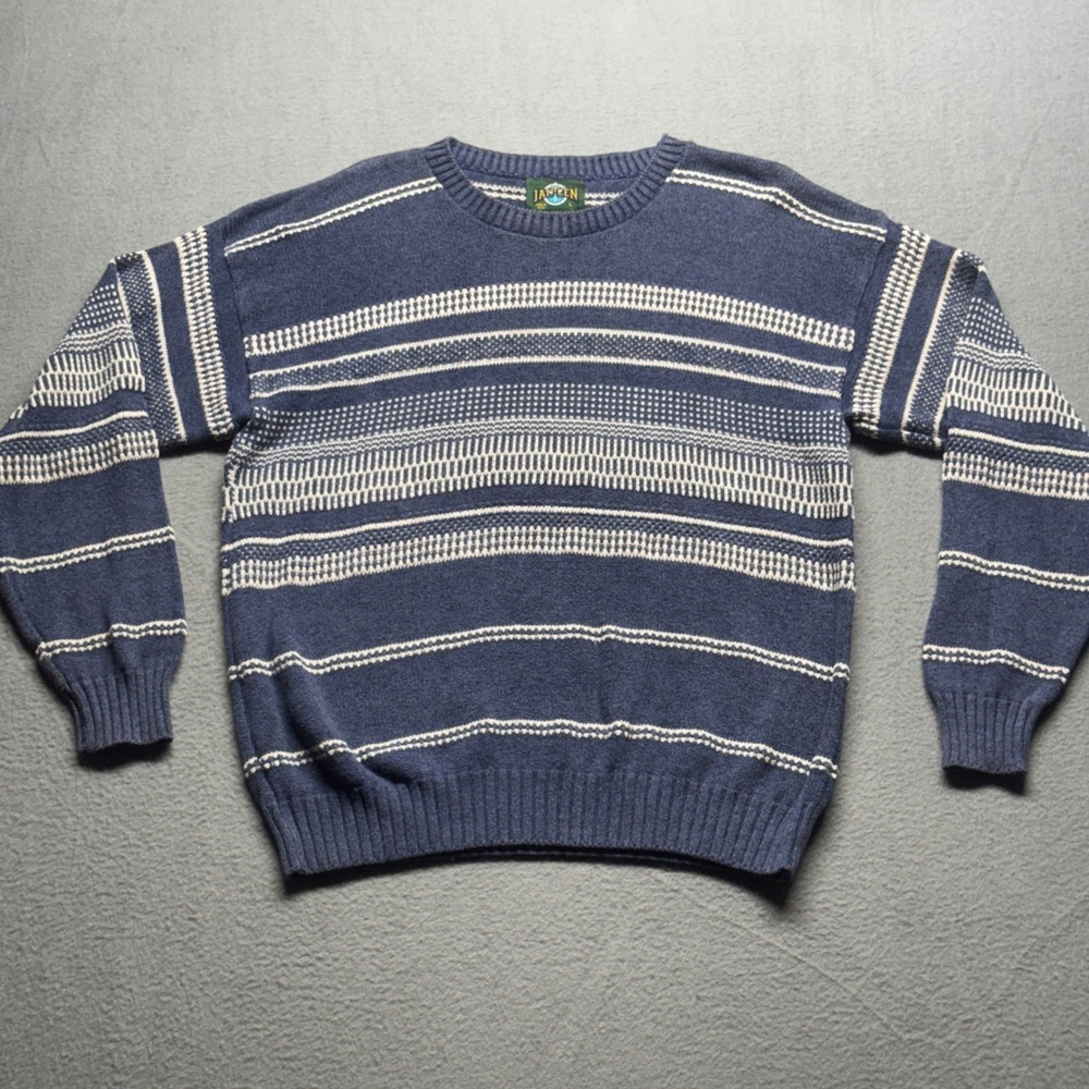 Jantzen Vintage Striped Sweater Mens Large Blue Crewneck Knit Made in USA L